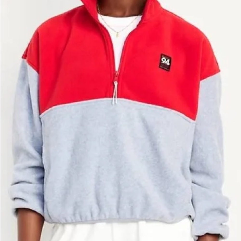 Women’s Old Navy 94 Retro Fleece Pullover Red and Gray Half-Zip Sweater